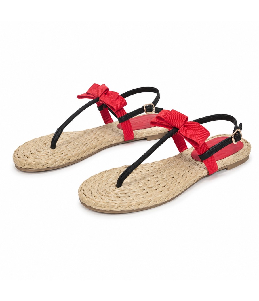 Sandalia Plana De Dedo Para Mujer Color Rojo Y Negro Montevita Ibiza 105296