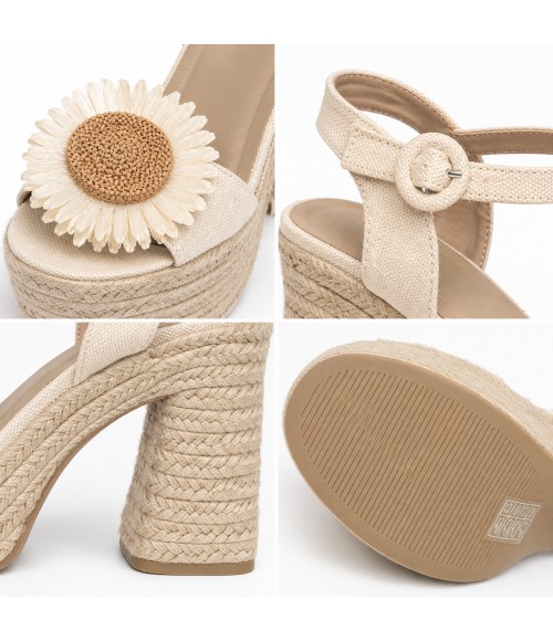 Sandalia De Tacon Y Plataforma Para Mujer Color Beige Con Flor Montevita Sienaza 105302