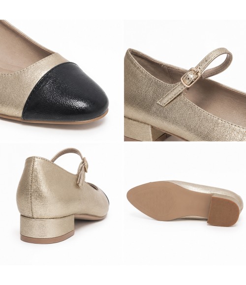 Zapato Merceditas De Tacon Bajo Para Mujer Dorado Y Negro Montevita Milanoza 105313