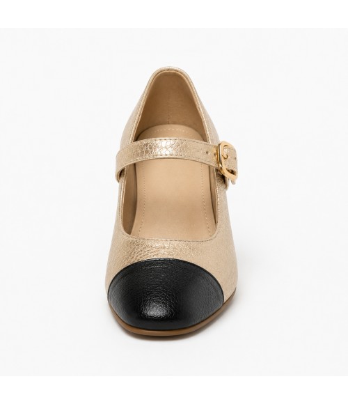 Zapato Merceditas De Tacon Bajo Para Mujer Dorado Y Negro Montevita Milanoza 105313