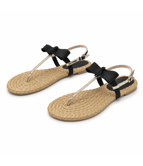 Sandalia Plana De Dedo Para Mujer Color Negro Y Dorado Montevita Ibiza 105297