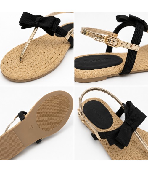 Sandalia Plana De Dedo Para Mujer Color Negro Y Dorado Montevita Ibiza 105297