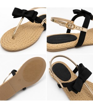 Sandalia Plana De Dedo Para Mujer Color Negro Y Dorado Montevita Ibiza 105297