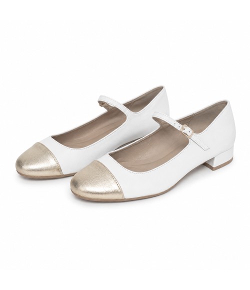 Zapato Merceditas De Tacon Bajo Para Mujer Blanco Y Dorado Montevita Milanoza 105314