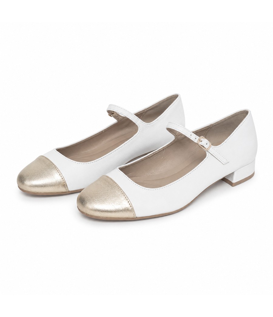 Zapato Merceditas De Tacon Bajo Para Mujer Blanco Y Dorado Montevita Milanoza 105314