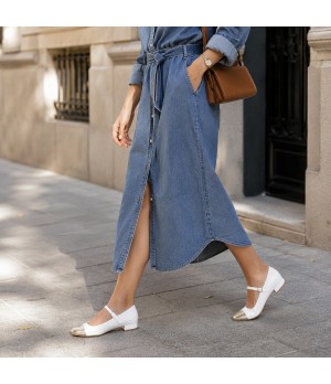 Zapato Merceditas De Tacon Bajo Para Mujer Blanco Y Dorado Montevita Milanoza 105314