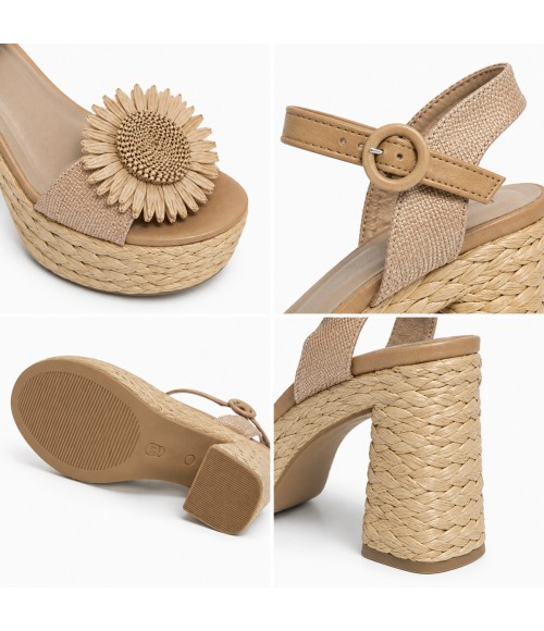 Sandalia De Tacon Y Plataforma Para Mujer Color Apricot Con Flor Montevita Florenceza 105301