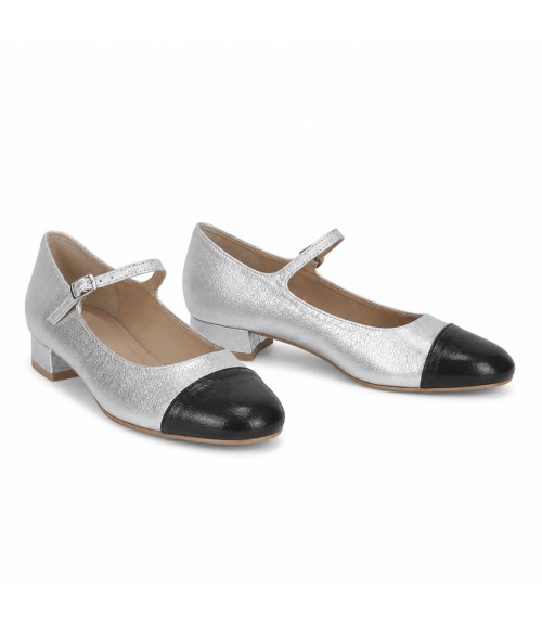 Zapato Merceditas De Tacon Bajo Para Mujer Plateado Y Negro Montevita Milanoza 105315
