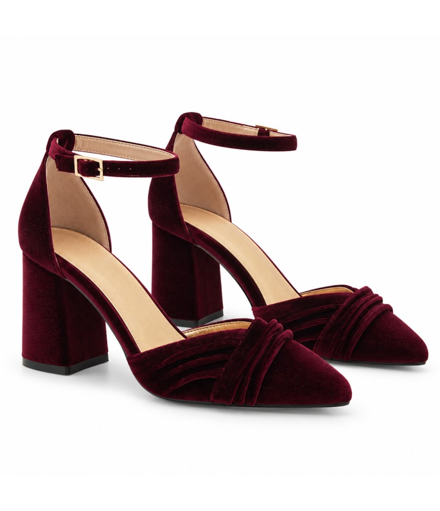 Zapatos de Salon de Terciopelo Burdeos con Correa al Tobillo Montevita 105321