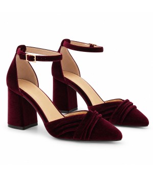 Zapatos de Salon de Terciopelo Burdeos con Correa al Tobillo Montevita 105321