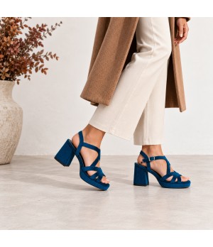 Sandalia Azul Terciopelo Tacon Ancho y Plataforma Montevita 105325
