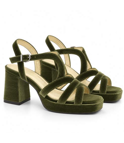 Sandalia Verde Terciopelo Tacon Ancho y Plataforma Montevita 105331