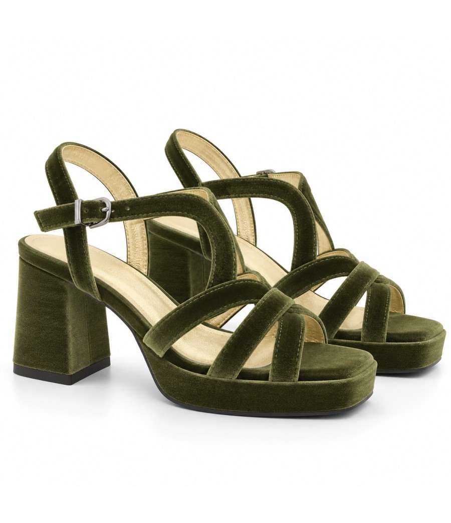 Sandalia Verde Terciopelo Tacon Ancho y Plataforma Montevita 105331