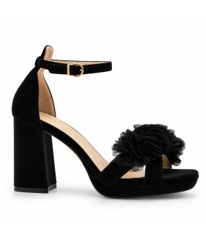 Sandalias con Plataforma en Terciopelo Negro con Flores y Tacon Ancho Montevita 105347
