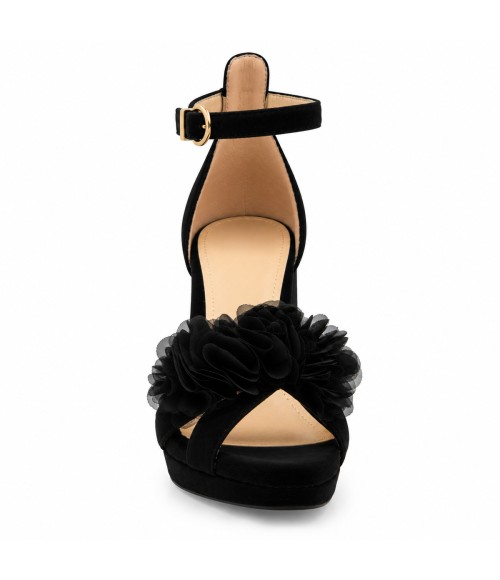Sandalias con Plataforma en Terciopelo Negro con Flores y Tacon Ancho Montevita 105347
