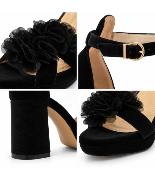 Sandalias con Plataforma en Terciopelo Negro con Flores y Tacon Ancho Montevita 105347