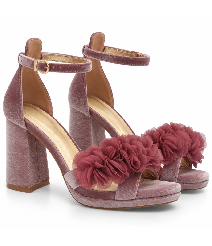 Sandalias con Plataforma en Terciopelo Rosa con Flores y Tacon Ancho Montevita 105348