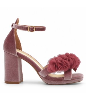 Sandalias con Plataforma en Terciopelo Rosa con Flores y Tacon Ancho Montevita 105348