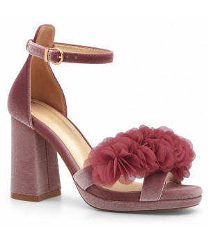 Sandalias con Plataforma en Terciopelo Rosa con Flores y Tacon Ancho Montevita 105348