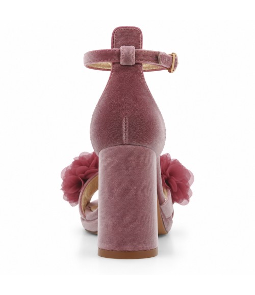 Sandalias con Plataforma en Terciopelo Rosa con Flores y Tacon Ancho Montevita 105348