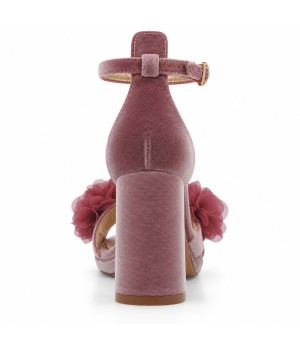 Sandalias con Plataforma en Terciopelo Rosa con Flores y Tacon Ancho Montevita 105348