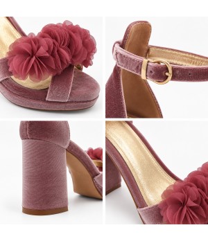 Sandalias con Plataforma en Terciopelo Rosa con Flores y Tacon Ancho Montevita 105348