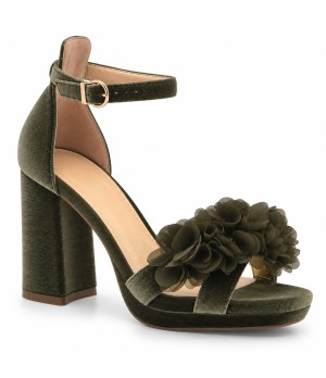 Sandalias con Plataforma en Terciopelo Verde con Flores y Tacon Ancho Montevita 105349