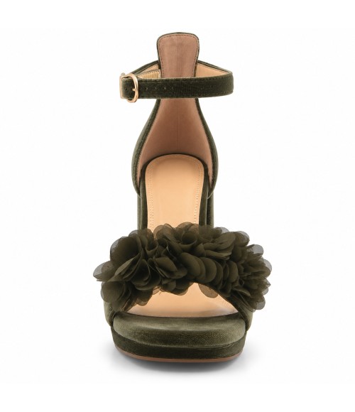Sandalias con Plataforma en Terciopelo Verde con Flores y Tacon Ancho Montevita 105349