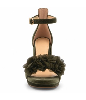 Sandalias con Plataforma en Terciopelo Verde con Flores y Tacon Ancho Montevita 105349