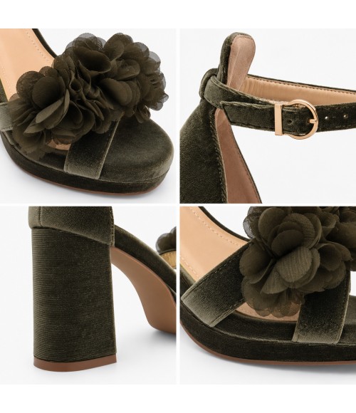 Sandalias con Plataforma en Terciopelo Verde con Flores y Tacon Ancho Montevita 105349