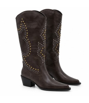 Bota Alta Marron Tachas Tacon Medio Montevita 105365