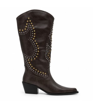 Bota Alta Marron Tachas Tacon Medio Montevita 105365