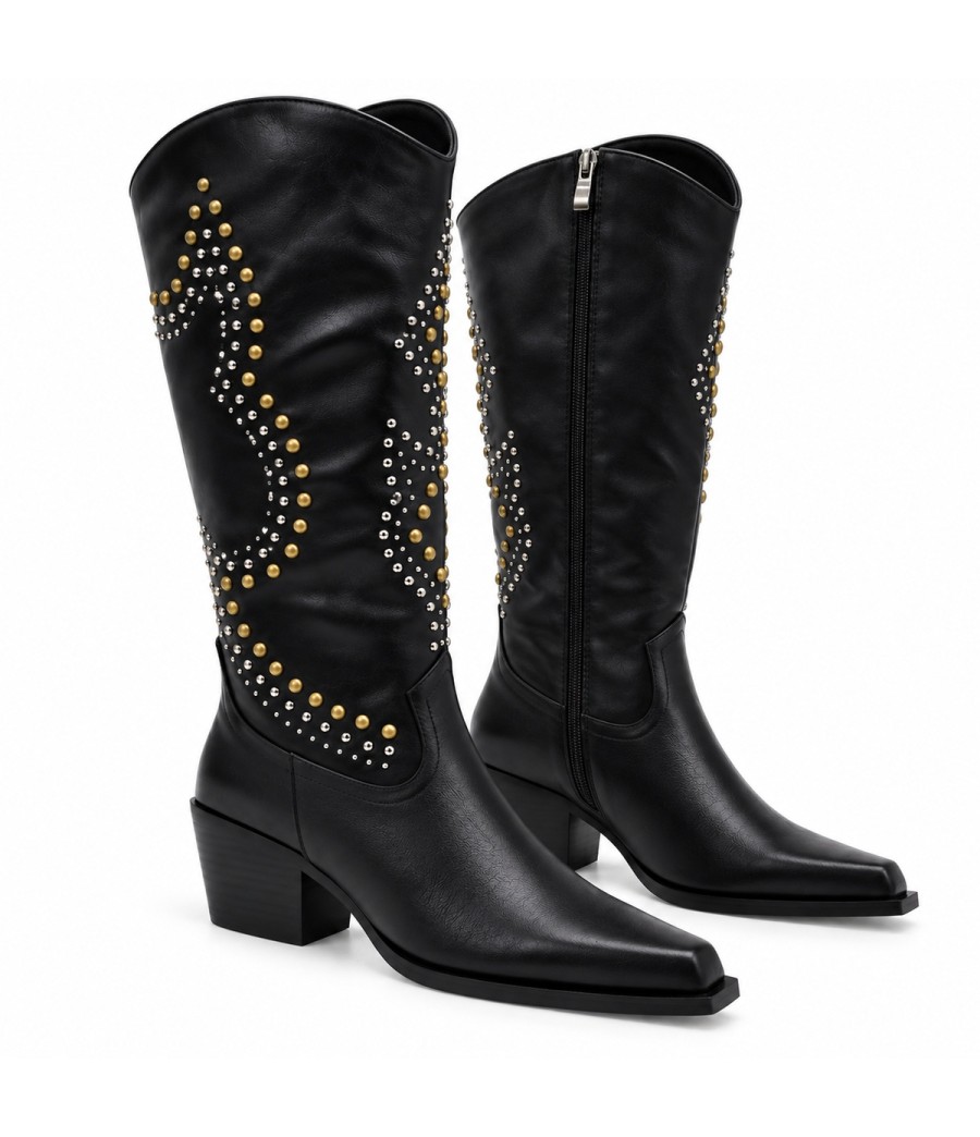 Bota Alta Negra Tachas Tacon Medio Montevita 105367
