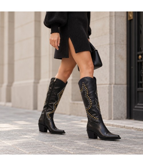 Bota Alta Negra Tachas Tacon Medio Montevita 105367