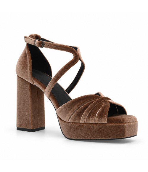 Sandalia Taupe de Terciopelo con Tacon Ancho y Plataforma Montevita 105459