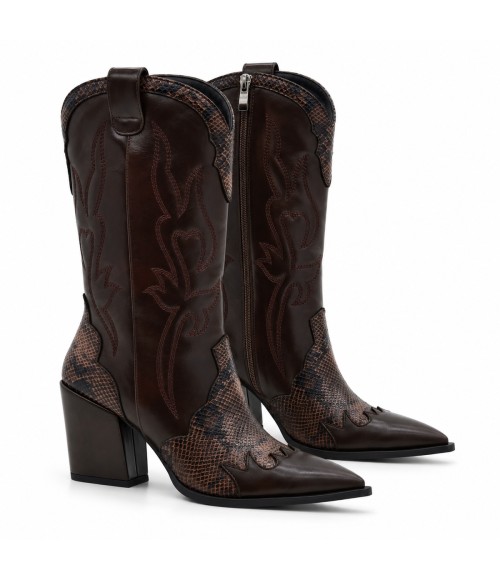 Bota Cowboy Marron Efecto Serpiente Tacon Alto Montevita 105369