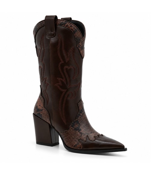 Bota Cowboy Marron Efecto Serpiente Tacon Alto Montevita 105369