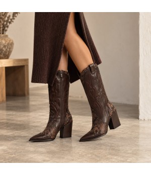 Bota Cowboy Marron Efecto Serpiente Tacon Alto Montevita 105369