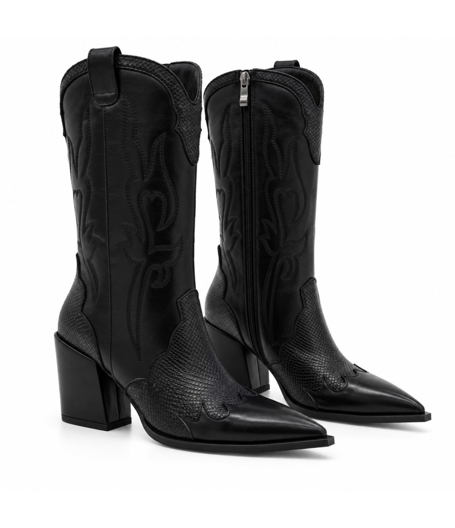 Bota Cowboy Negra Efecto Serpiente Tacon Alto Montevita 105371