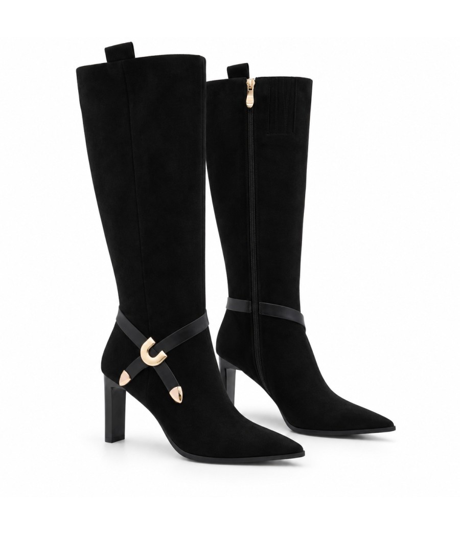 Bota Negra Tacon con Detalle Hebilla Dorada Montevita 105376