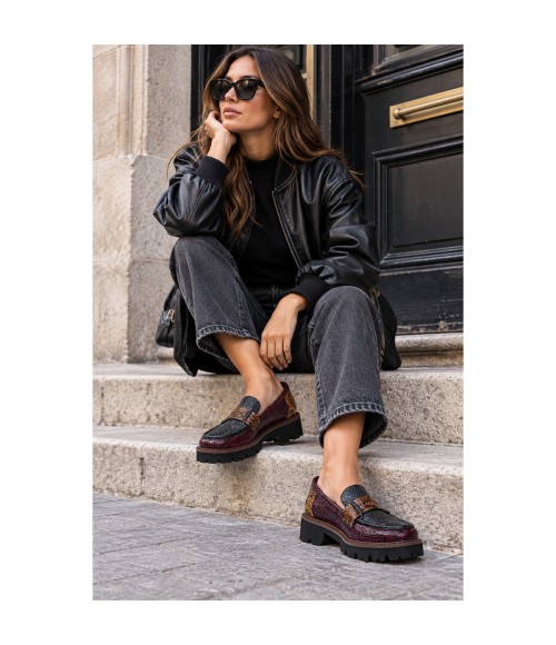 Mocasin Negro Burdeos Animal Print Suela Track Montevita 105430