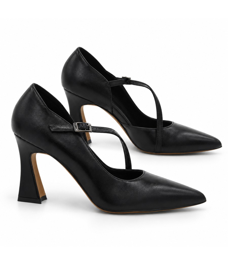 Zapato Salon Negro Tira Cruzada Tacon Alto Montevita 105449