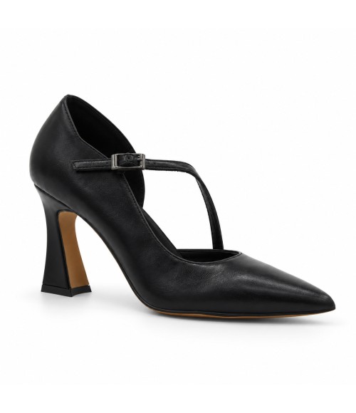 Zapato Salon Negro Tira Cruzada Tacon Alto Montevita 105449