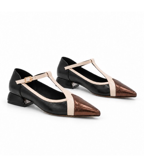 Zapato Mary Jane Negro y Bronce Tacon Bajo Montevita 105469