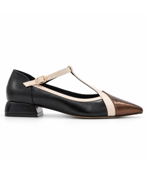 Zapato Mary Jane Negro y Bronce Tacon Bajo Montevita 105469