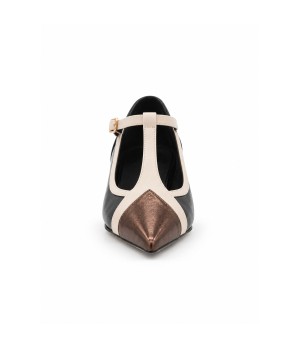 Zapato Mary Jane Negro y Bronce Tacon Bajo Montevita 105469