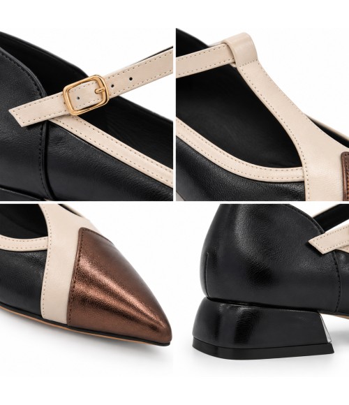 Zapato Mary Jane Negro y Bronce Tacon Bajo Montevita 105469