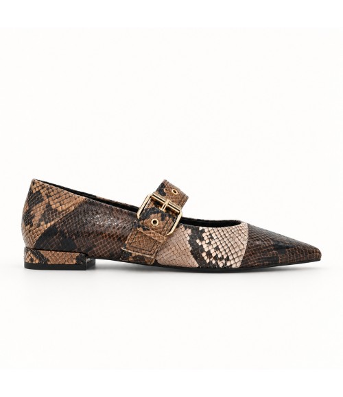 Zapato Tacon Bajo Marron Efecto Serpiente Hebilla Montevita 105470