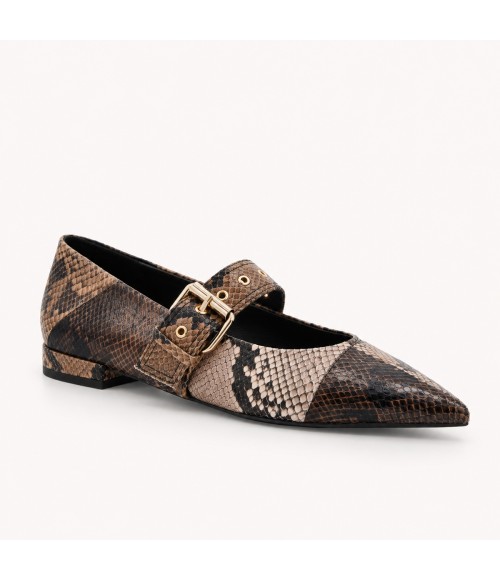 Zapato Tacon Bajo Marron Efecto Serpiente Hebilla Montevita 105470