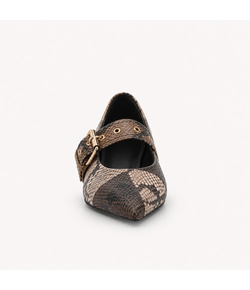 Zapato Tacon Bajo Marron Efecto Serpiente Hebilla Montevita 105470